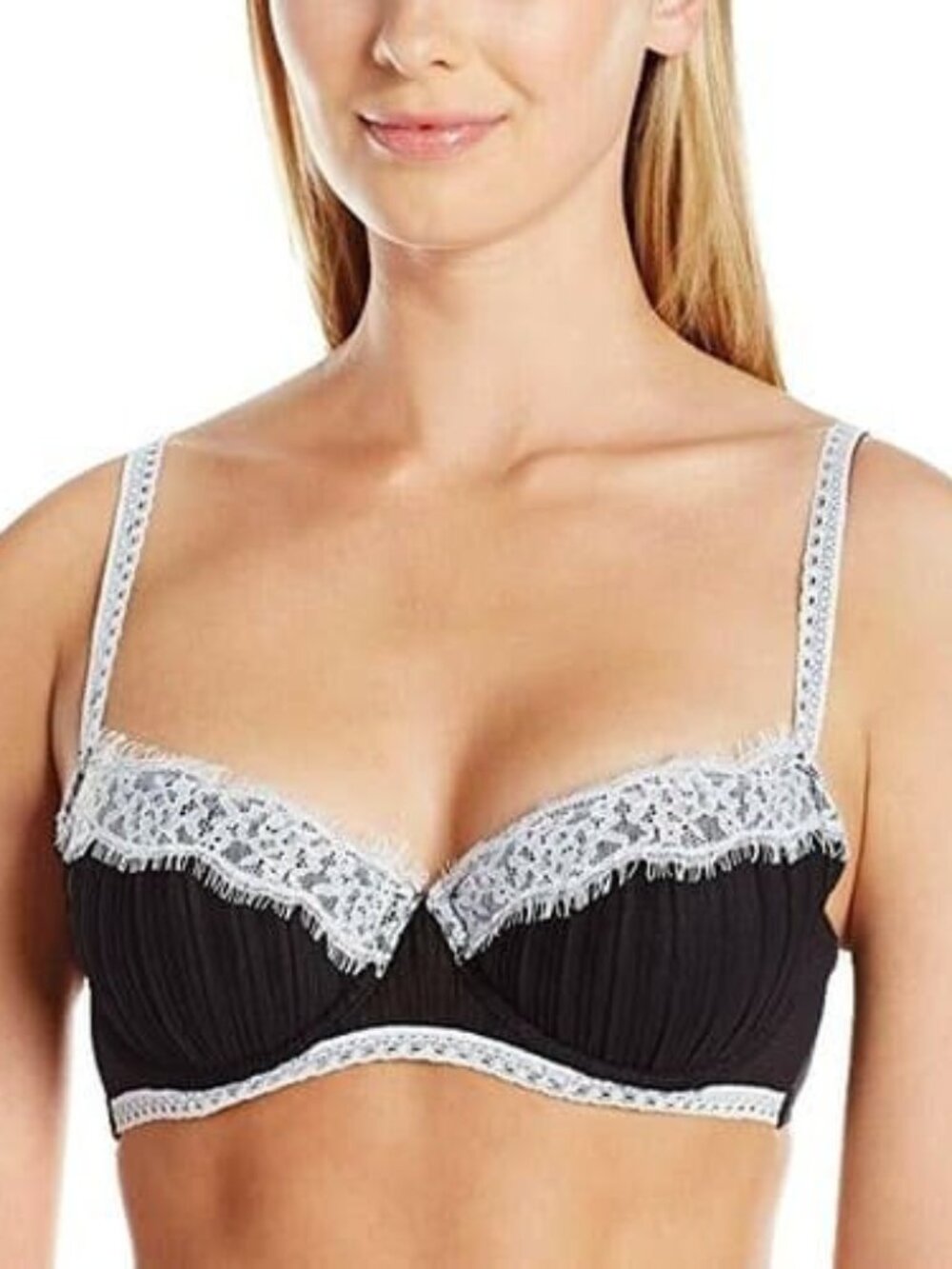 Jezebel Lace Trim Pleated Underwire Bra Black 36B Womens